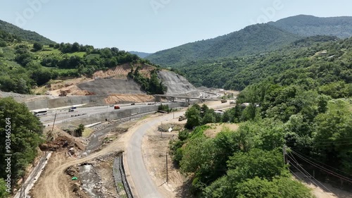 Aerial view of new road through Rikoti pass. Drone shot above highway in mountains of Georgia 2024 summer photo