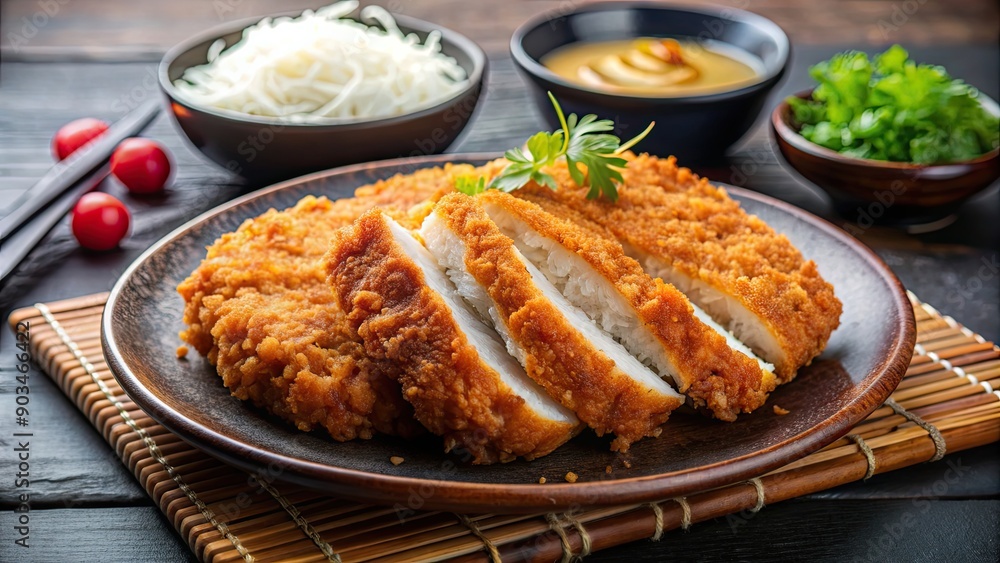 Close up shot of a delicious tonkatsu with copy space , Tonkatsu, Japanese food, breaded pork cutlet, close up Close up shot of a delicious tonkatsu with copy space , Tonkatsu, Japanese food, breaded pork cutlet, close up