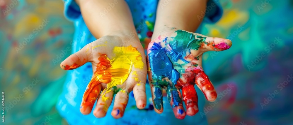 Obraz premium Young Child Displaying Artfully Painted Hands in Colorful Playful Environment