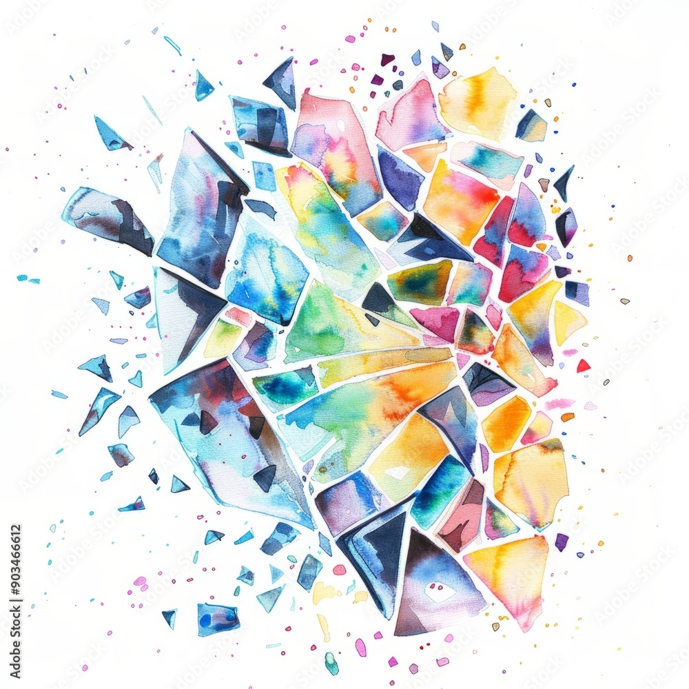 Fototapeta premium Watercolor painting of shattered glass creating a prism effect, on isolated white background, Generative AI