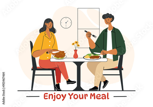 Enjoy Your Meal Vector Illustration of a Variety of Delicious Food in Home or Restaurant Settings in Flat Style Cartoon Background Design