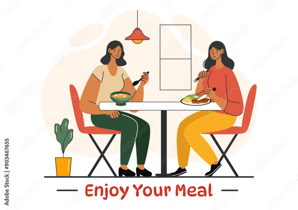 Fototapeta premium Enjoy Your Meal Vector Illustration of a Variety of Delicious Food in Home or Restaurant Settings in Flat Style Cartoon Background Design