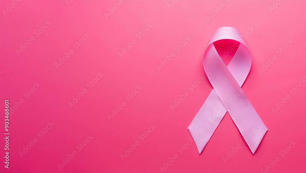 Pink awareness ribbon on a pink background, breast cancer awareness symbol. Copy space. Pink awareness ribbon on a pink background, breast cancer awareness symbol. Copy space.