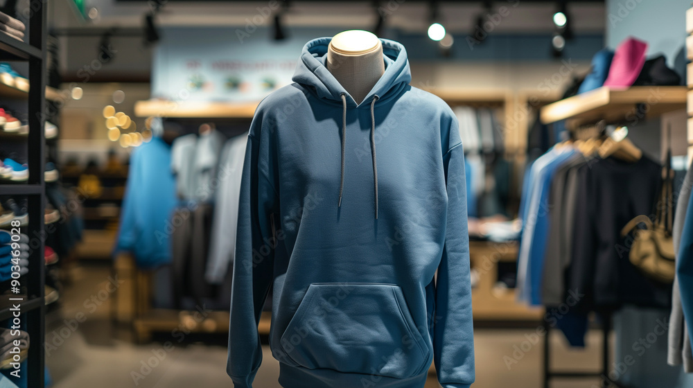 mock up of plain blue hoodie in shop displayed on mannequin, mannequin standing in front of clothes rack, Ai generated Images mock up of plain blue hoodie in shop displayed on mannequin, mannequin standing in front of clothes rack, Ai generated Images
