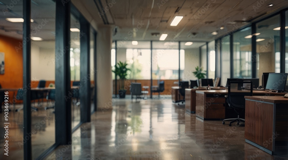 Empty Modern Office Space with Wooden Desks and Computers Empty Modern Office Space with Wooden Desks and Computers