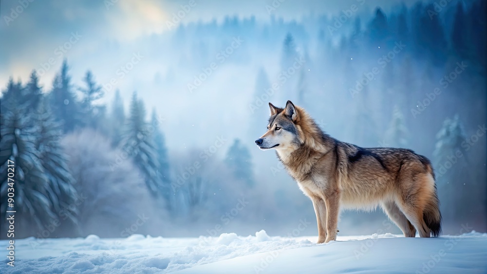 Obraz premium A lone wolf exploring a winter landscape covered in snow , wolf, snow, cold, wilderness, wildlife, predator, nature
