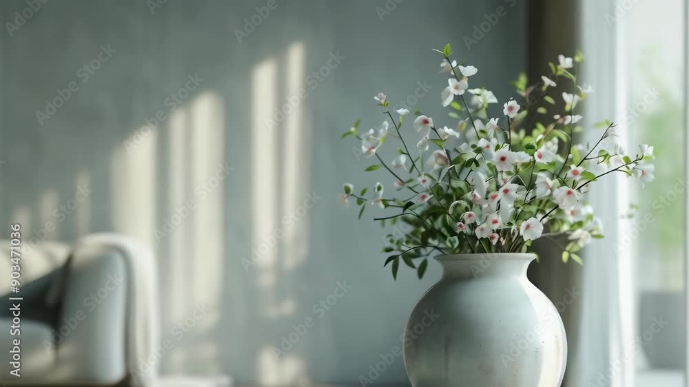 A vase with white flowers sits on a table in a sunlit living room. The room has soft lighting, gray walls, and a white sofa. Morning light creates a serene mood, highlighting the peaceful setting. A vase with white flowers sits on a table in a sunlit living room. The room has soft lighting, gray walls, and a white sofa. Morning light creates a serene mood, highlighting the peaceful setting.