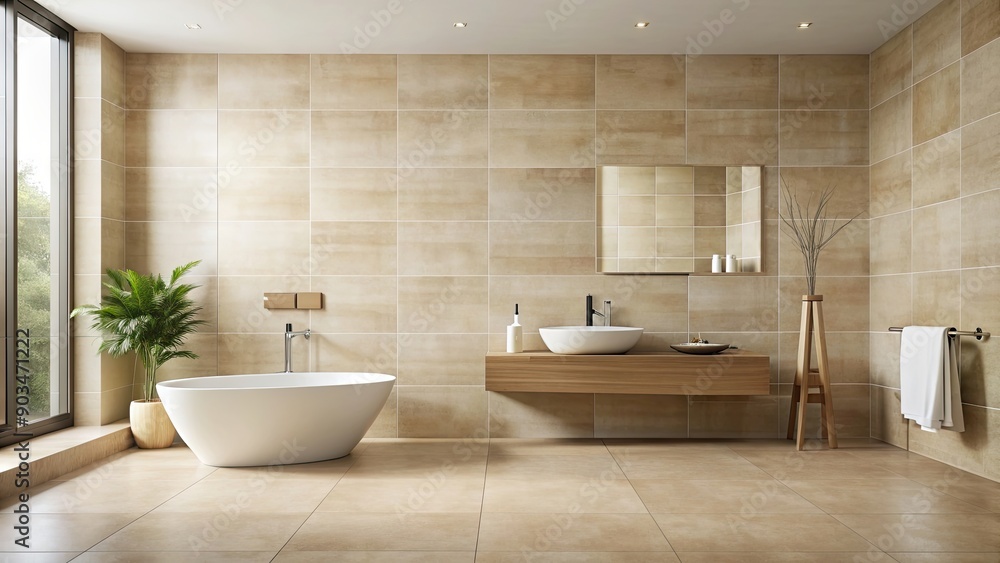 Minimalist bathroom wall with seamless beige porcelain tiles evoke tranquility and space, minimalist, bathroom Minimalist bathroom wall with seamless beige porcelain tiles evoke tranquility and space, minimalist, bathroom