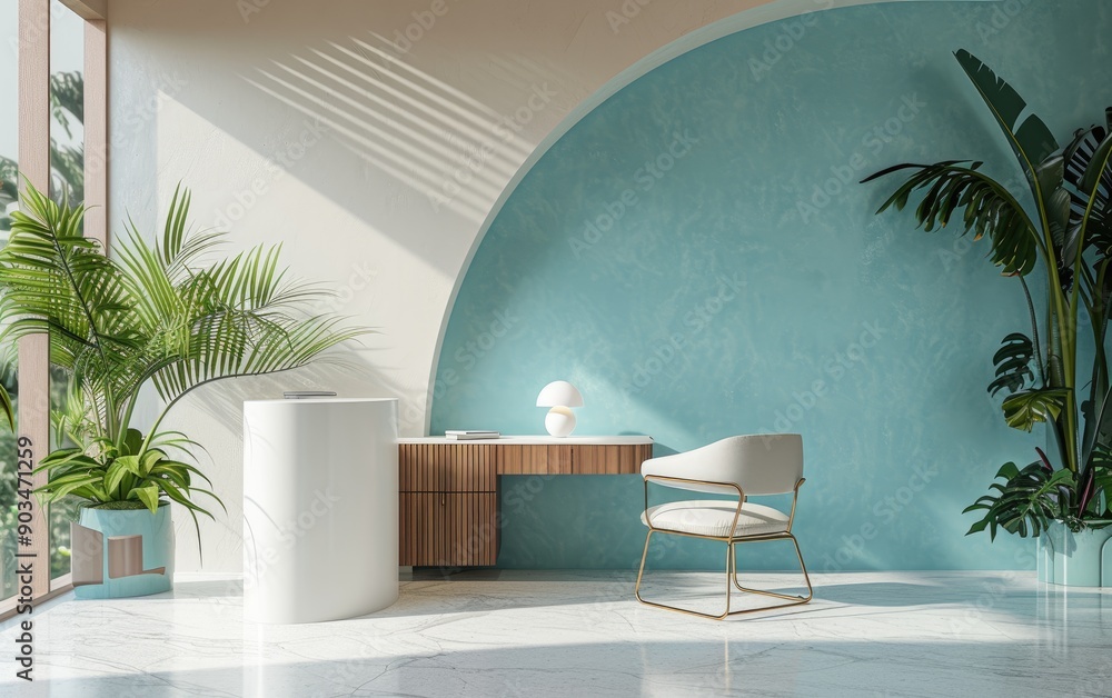Contemporary workspace setup with a comfortable metal white cushion armchair near a wooden white desk table near palm tree houseplants on two-tone blue and white geometric circle wall