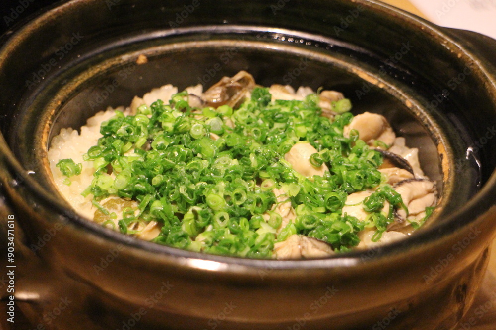 Japanese cuisine : Oyster takikomi gohan (rice cooked with ingredients) in Kyoto, Japan Japanese cuisine : Oyster takikomi gohan (rice cooked with ingredients) in Kyoto, Japan