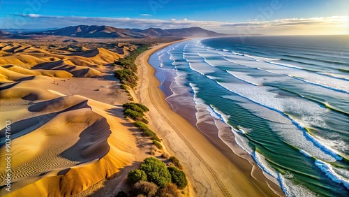 Fototapeta Naklejka Na Ścianę i Meble -  Aerial view of the sandy desert dunes of Pismo Beach overlooking the ocean , Pismo Beach, California, USA, aerial view, desert