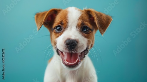 Adorable puppy with a joyful expression, showcasing playful energy and innocence against a vibrant background.