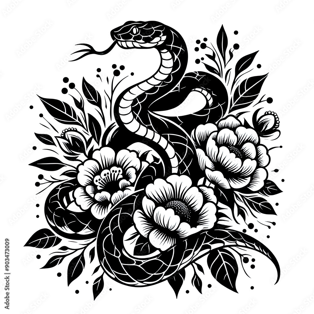 a Snake with flowers black line stencil artwork isolated on white background PNG a Snake with flowers black line stencil artwork isolated on white background PNG