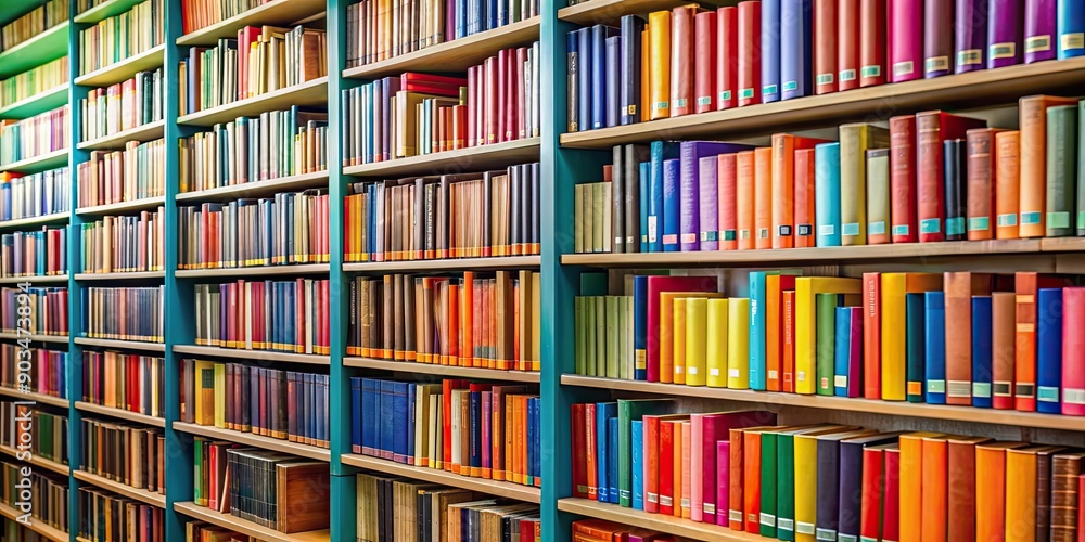 Fototapeta premium A close-up of rows of colorful books on shelves in a library, books, library, education, knowledge, reading, literature