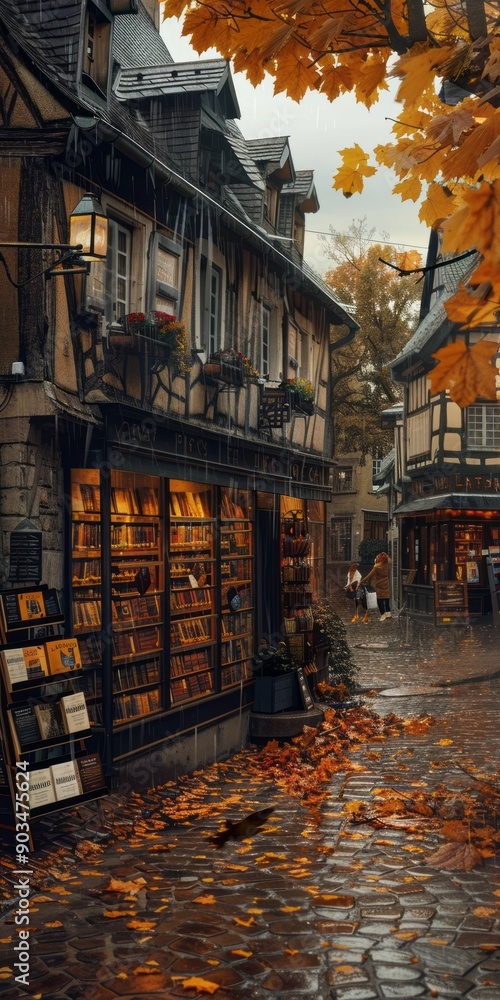 Fototapeta premium An idyllic street scene featuring a charming bookstore and autumn leaves scattered on the cobblestone path, evoking a cozy and nostalgic atmosphere.