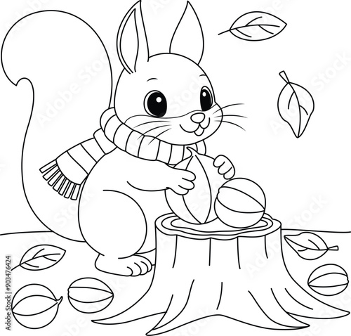 Squirrel gathering nuts for winter outline coloring page. Thanksgiving hand drawn colouring