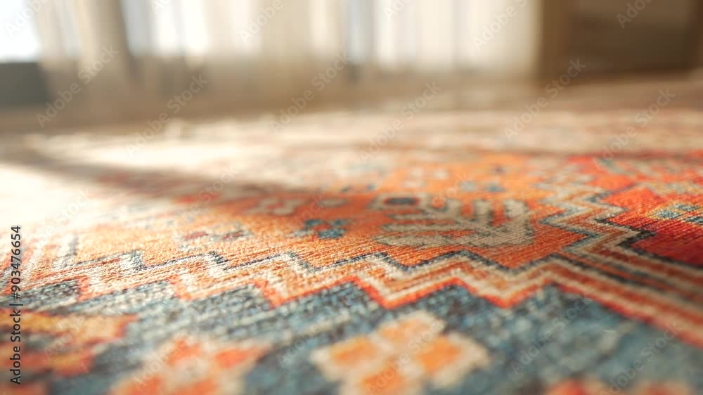 A patterned rug rests on the flooring beside a mirror A patterned rug rests on the flooring beside a mirror