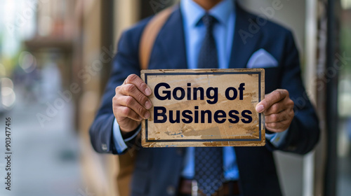 Businessperson Holding "Going Out of Business" Sign - Economic Recession Concept