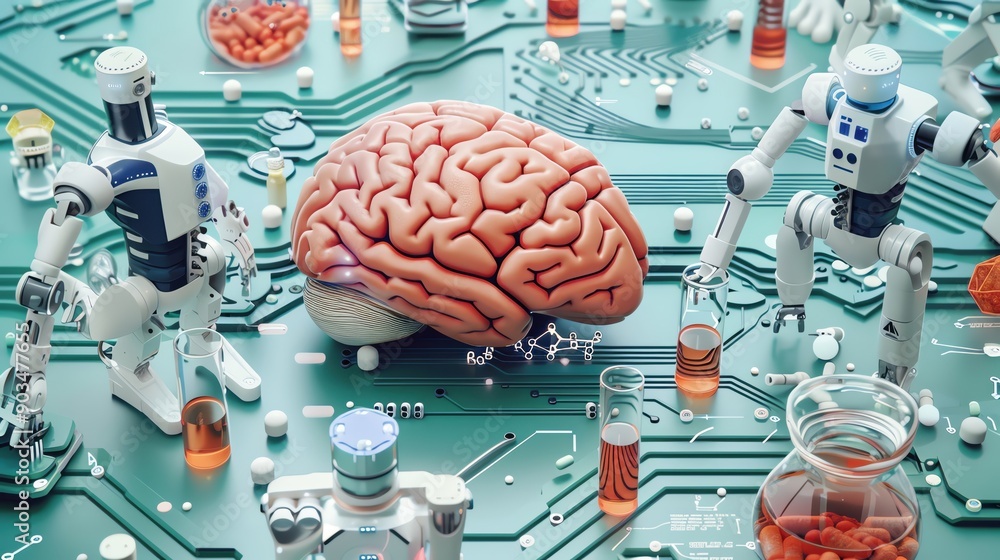 Robots and a human brain on a circuit board with beakers, symbolizing ...