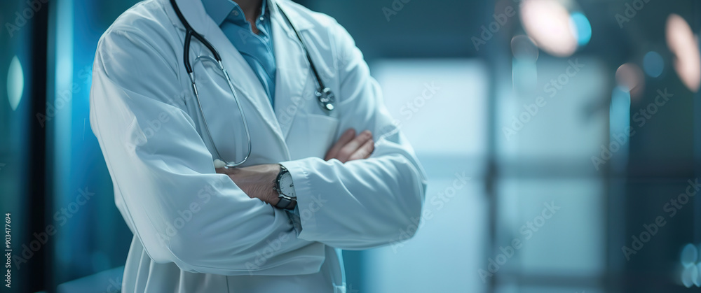 Close-up of a doctor in a white coat with crossed arms. Medical professional in a hospital environment. Concept of healthcare and trust Close-up of a doctor in a white coat with crossed arms. Medical professional in a hospital environment. Concept of healthcare and trust