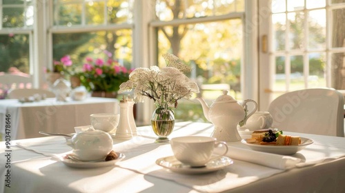 Wallpaper Mural A serene tea room featuring delicate china and gourmet sandwiches, bathed in soft natural light. Torontodigital.ca