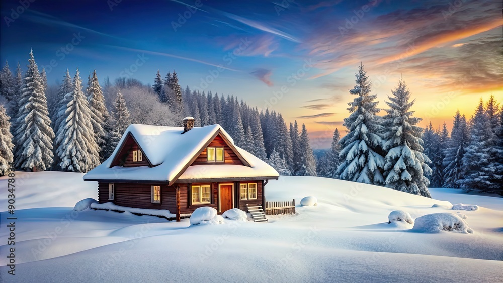 Naklejka premium Charming winter house surrounded by snow-covered landscape, cozy, snow, cabin, home, warm, welcoming, winter, chilly