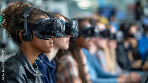 A group of people wearing VR headsets, immersed in a virtual experience.