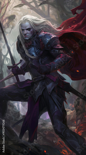 A fantasy character with long white hair, wearing dark, intricately designed armor and a red cloak, stands in a dynamic and powerful pose, wielding two swords. The character's facial expression is ste