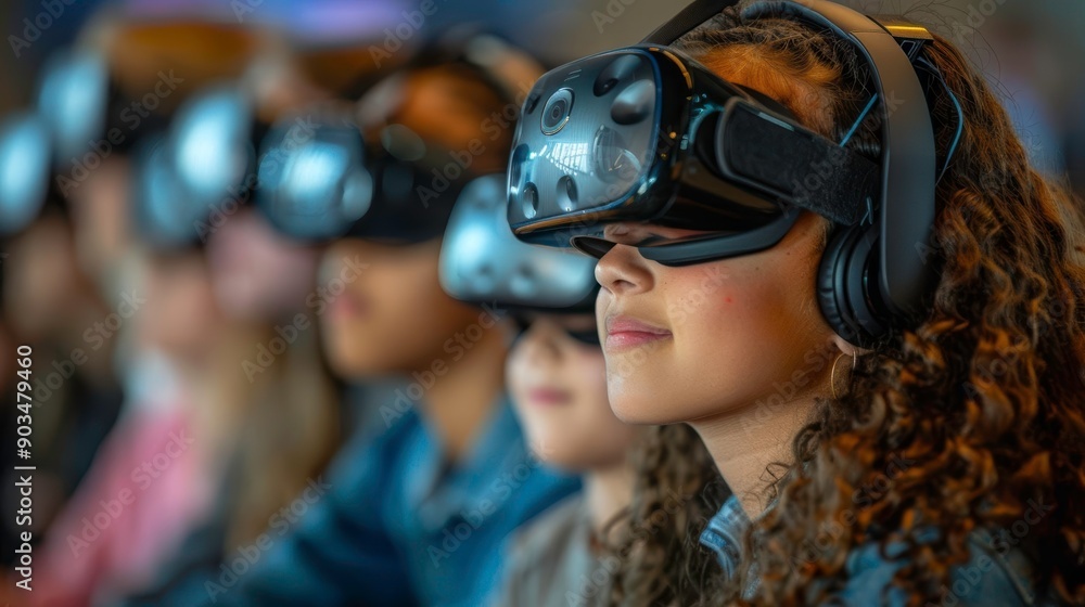 A line of people wearing VR headsets, immersed in a digital world. The focus is on the woman in the foreground. Their faces express wonder and curiosity. A line of people wearing VR headsets, immersed in a digital world. The focus is on the woman in the foreground. Their faces express wonder and curiosity.