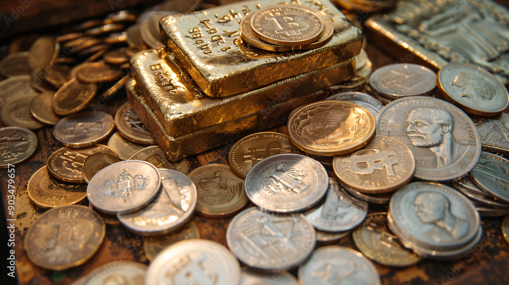 Glittering Fortunes: A Pile of Gold Bars and Coins Symbolizing Wealth Accumulation Glittering Fortunes: A Pile of Gold Bars and Coins Symbolizing Wealth Accumulation
