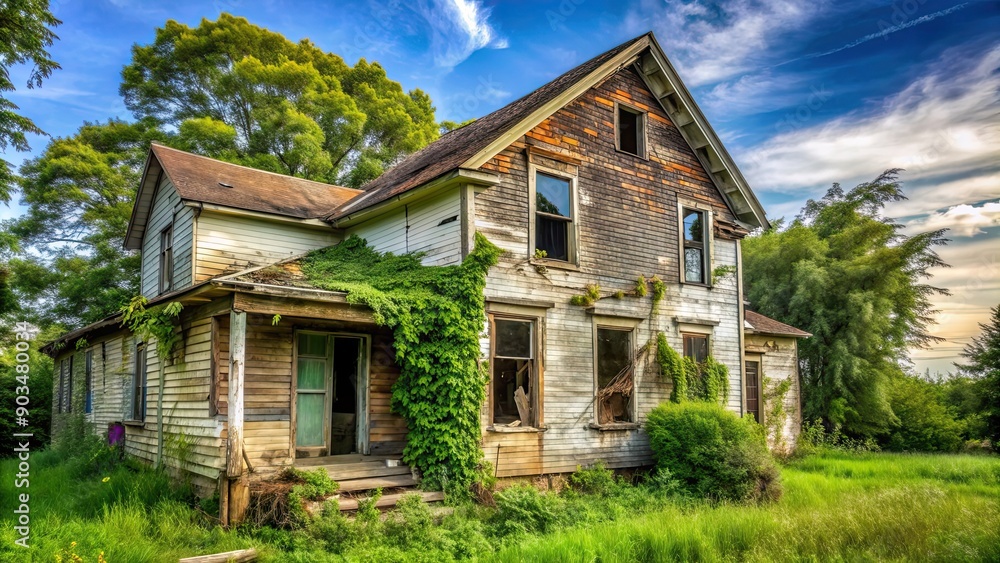Dilapidated old abandoned house with broken windows and overgrown yard, abandoned, spooky, decaying, haunted, eerie Dilapidated old abandoned house with broken windows and overgrown yard, abandoned, spooky, decaying, haunted, eerie