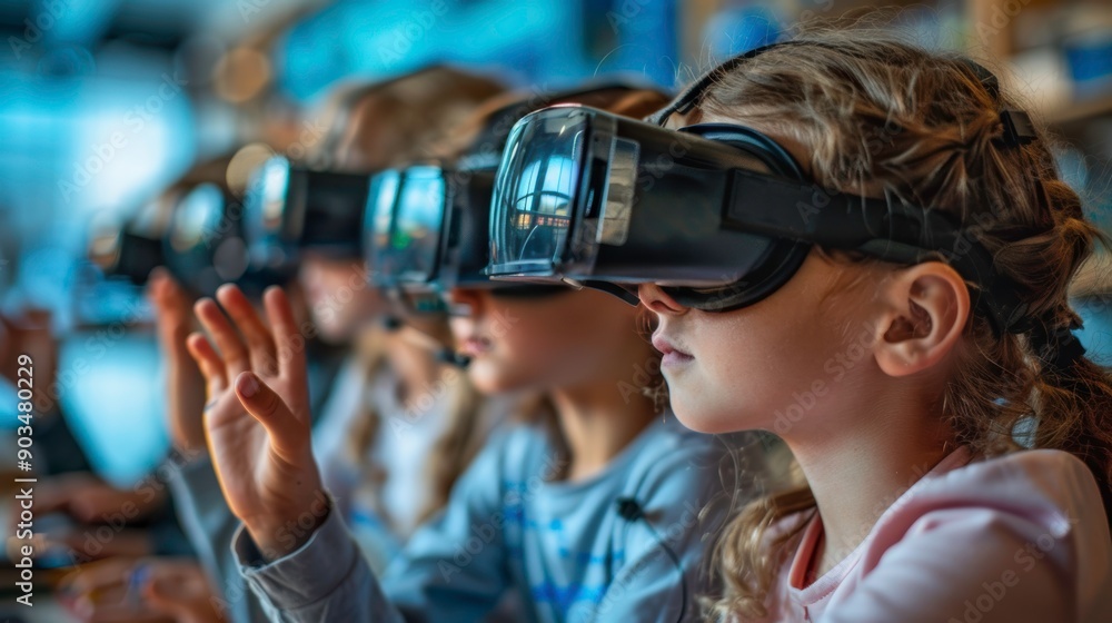 Children wearing VR headsets, immersed in a virtual world, exploring new possibilities. Children wearing VR headsets, immersed in a virtual world, exploring new possibilities.