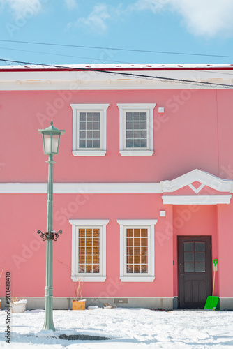 Obraz na płótnie Pink house and winter snow in Hakodate, Hokkaido, Japan w salonie