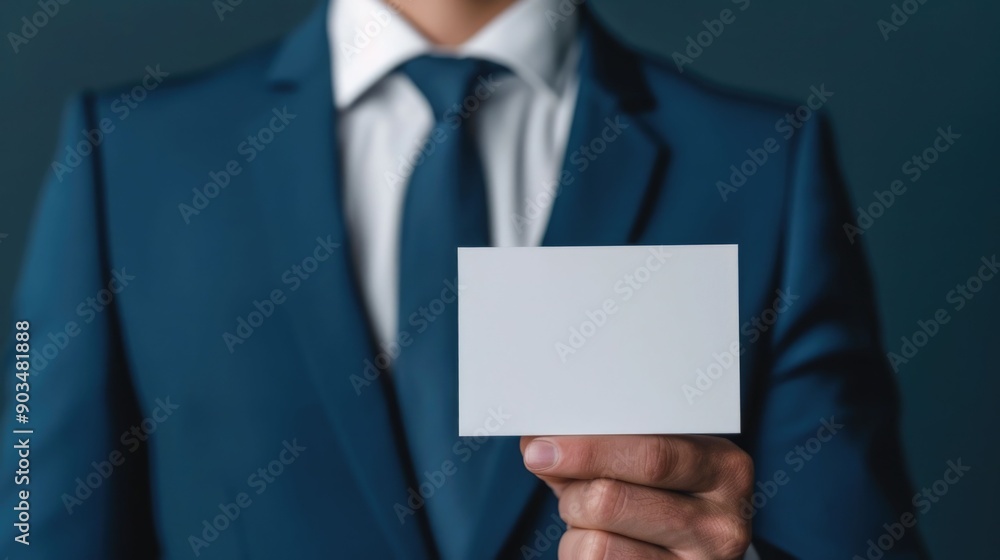 Closeup of a clean minimalist business card design being showcased by a professional individual wearing a suit and tie with a formal presentation of the corporate item or product Closeup of a clean minimalist business card design being showcased by a professional individual wearing a suit and tie with a formal presentation of the corporate item or product