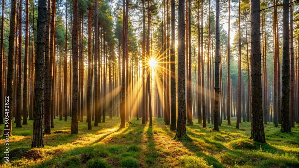 Obraz premium Sunlight beams through a dense European pine forest , Nature, trees, sunlight, beams, forest, natural beauty, tranquil
