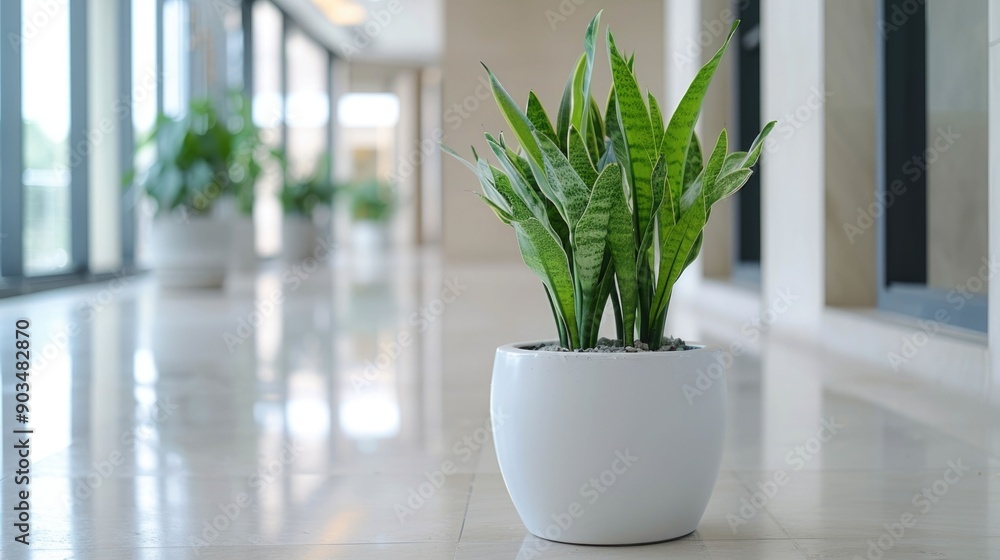Fototapeta premium Elegant and modern corporate office interior with a bright light filled environment and lush greenery in minimalist office decor