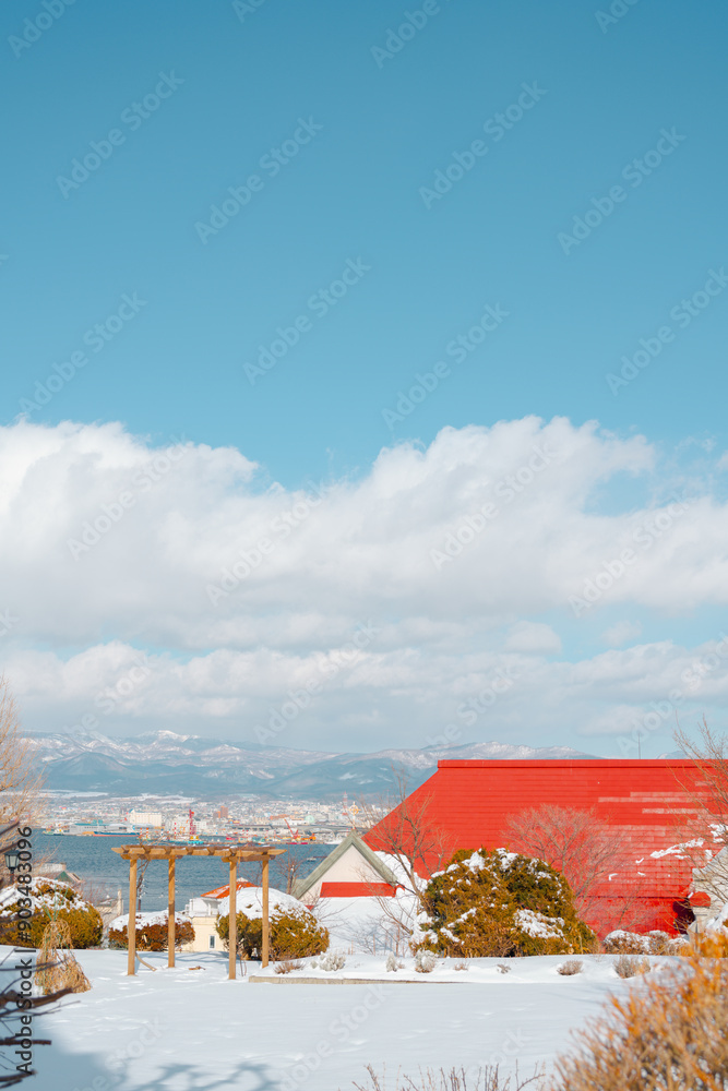 Winter view of Hakodate Motomachi street and harbor city in Hokkaido, Japan