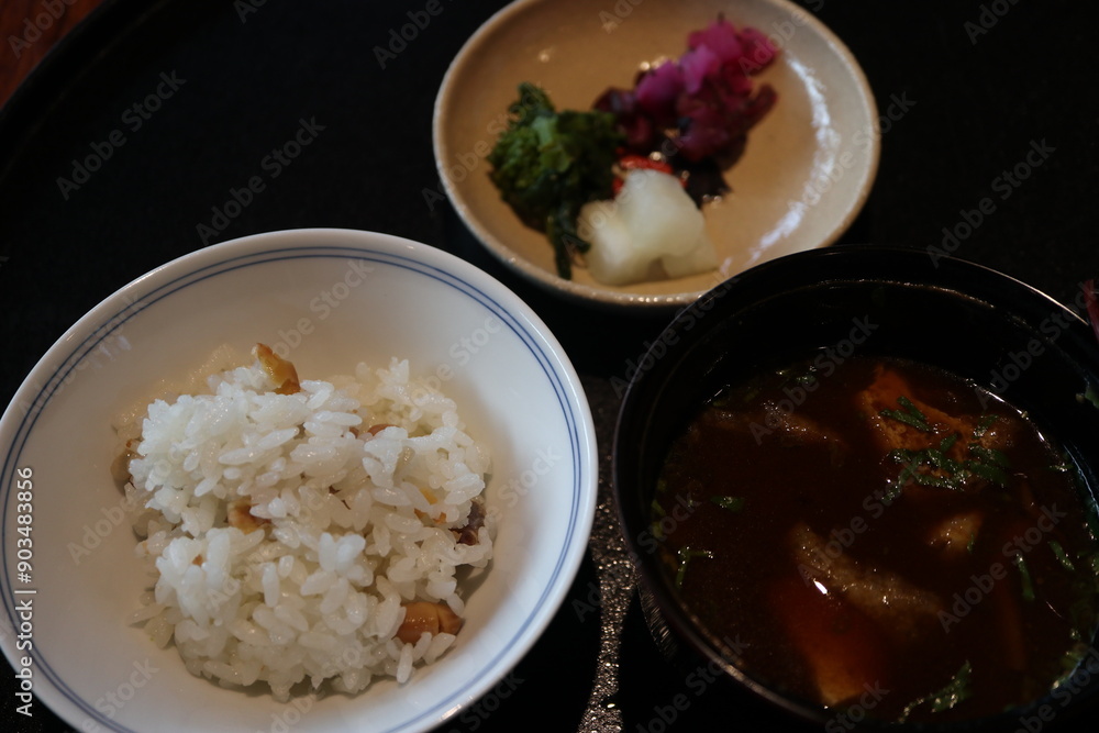 Japanese cuisine : Rice, miso soup and vegetable pickles in Kyoto, Japan Japanese cuisine : Rice, miso soup and vegetable pickles in Kyoto, Japan