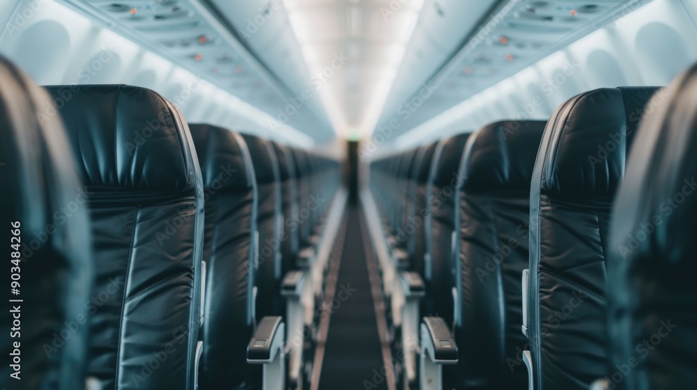 Obraz premium Passenger Comfortably Settling into Aisle Seat of Commercial Aircraft Interior with Spacious Legroom and Scenic Cabin View for Relaxing Travel Journey