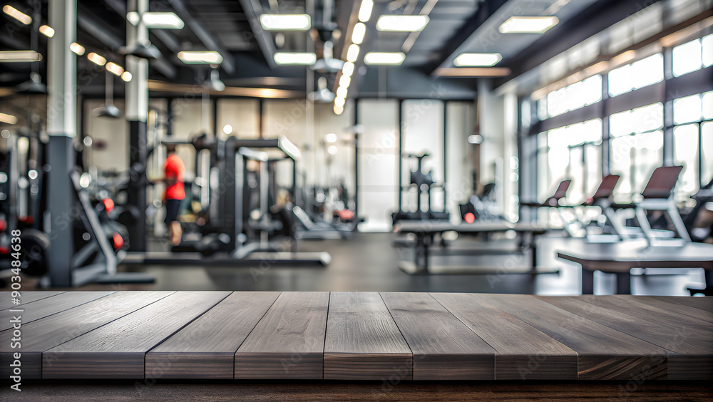 Empty black table blurred gym background for product display montage Empty black table blurred gym background for product display montage