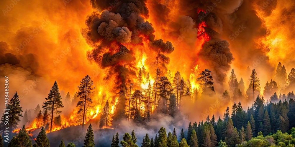 Fototapeta premium Wildfire in California with flames and smoke in the forest, wildfire, California, flames, smoke, forest, fire