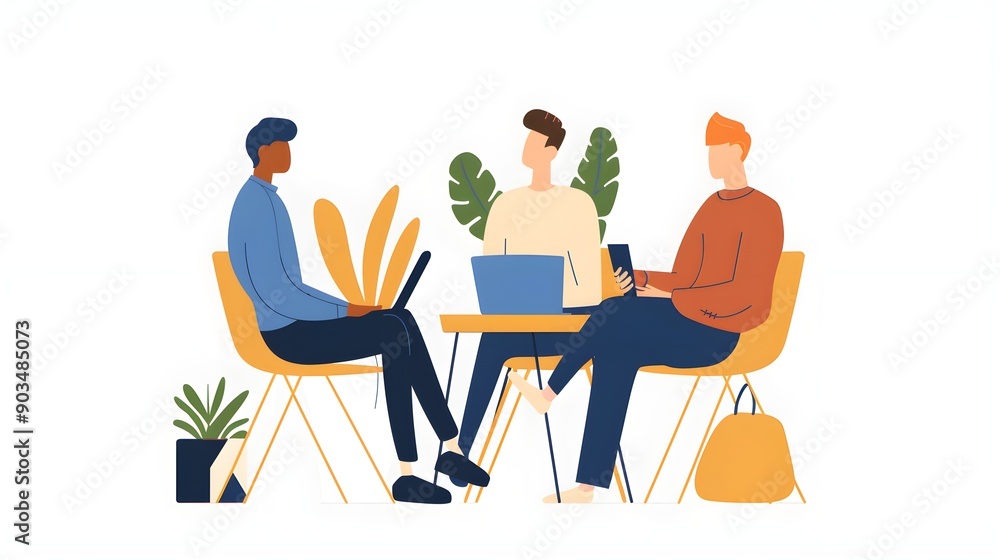 Three men sitting around a table with laptops and a cell phone Three men sitting around a table with laptops and a cell phone