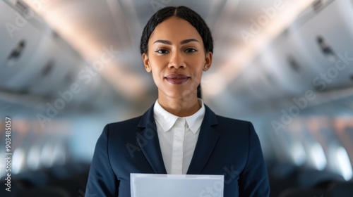 Wallpaper Mural Closeup portrait of a young confident Asian woman wearing a formal flight attendant uniform standing inside the cabin of a commercial airplane or jet Torontodigital.ca