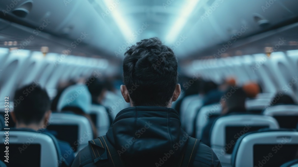 Airplane Boarding Process with Passengers Finding and Settling into Their Seats in the Cabin Interior of an Aircraft During a Flight Airplane Boarding Process with Passengers Finding and Settling into Their Seats in the Cabin Interior of an Aircraft During a Flight