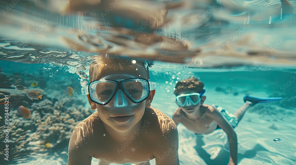 Naklejka premium A boy wearing a diving mask enjoys watching fish underwater and travel tips.