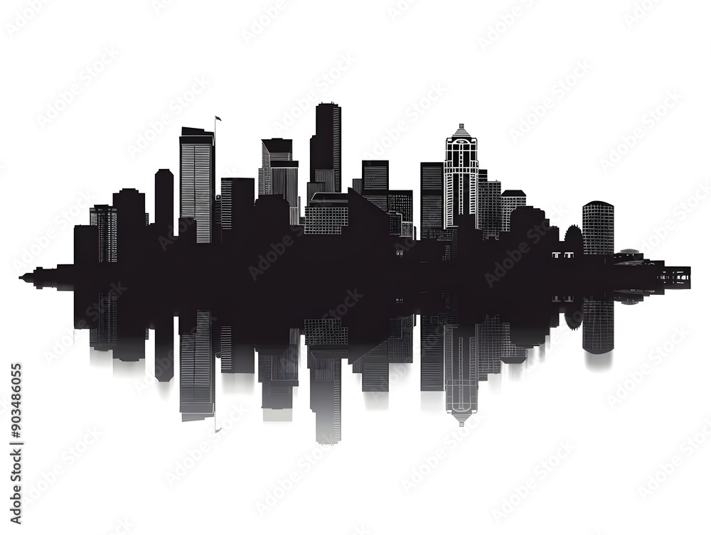 Black and white urban skyline silhouette with various high-rise buildings, mirrored perfectly below, creating a stunning reflection effect on a white background. Black and white urban skyline silhouette with various high-rise buildings, mirrored perfectly below, creating a stunning reflection effect on a white background.