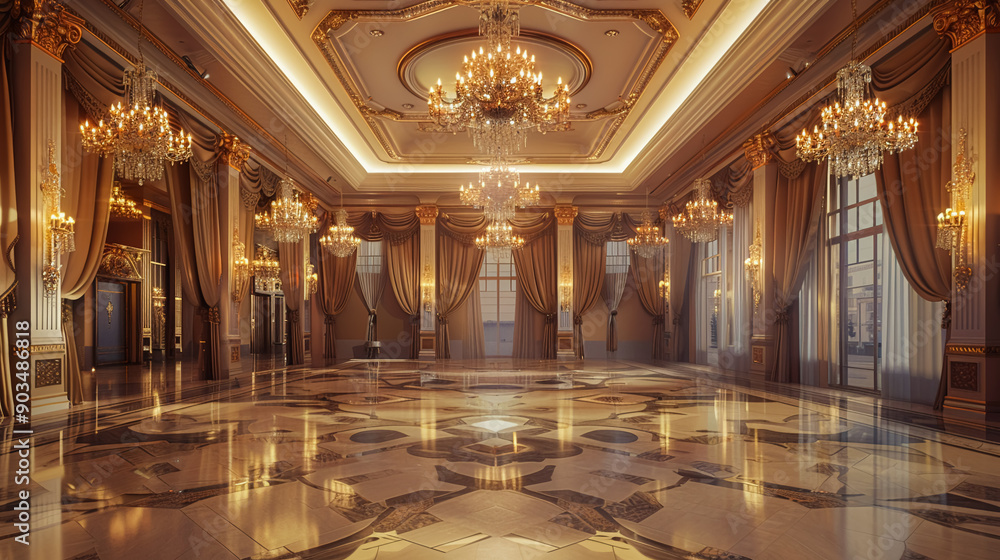 Obraz premium Elegant ballroom with chandeliers, grand staircase, and guests in formal attire, luxurious setting, high detailHighly detailed , 8K