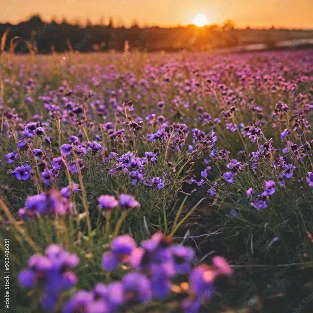 Fototapeta premium Close-up of purple flowers growing on field during sunset