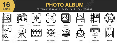 Photo Album icon set. Editable Stroke Icon Collection. Includes album, autofocus, camera, film, lens, memory, tripod camera, and More. Outline icons vector collection.