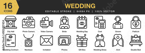 Wedding icon set. Editable Stroke Icon Collection. Includes arch, bride, invitation, gift box, wedding day, wedding dress, and More. Outline icons vector collection.